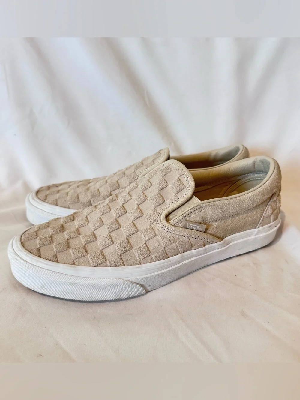 Vans Classic Slip On Embossed Check Mens 8 Womens 9.5 Neutral Oatmeal Suede EEUC